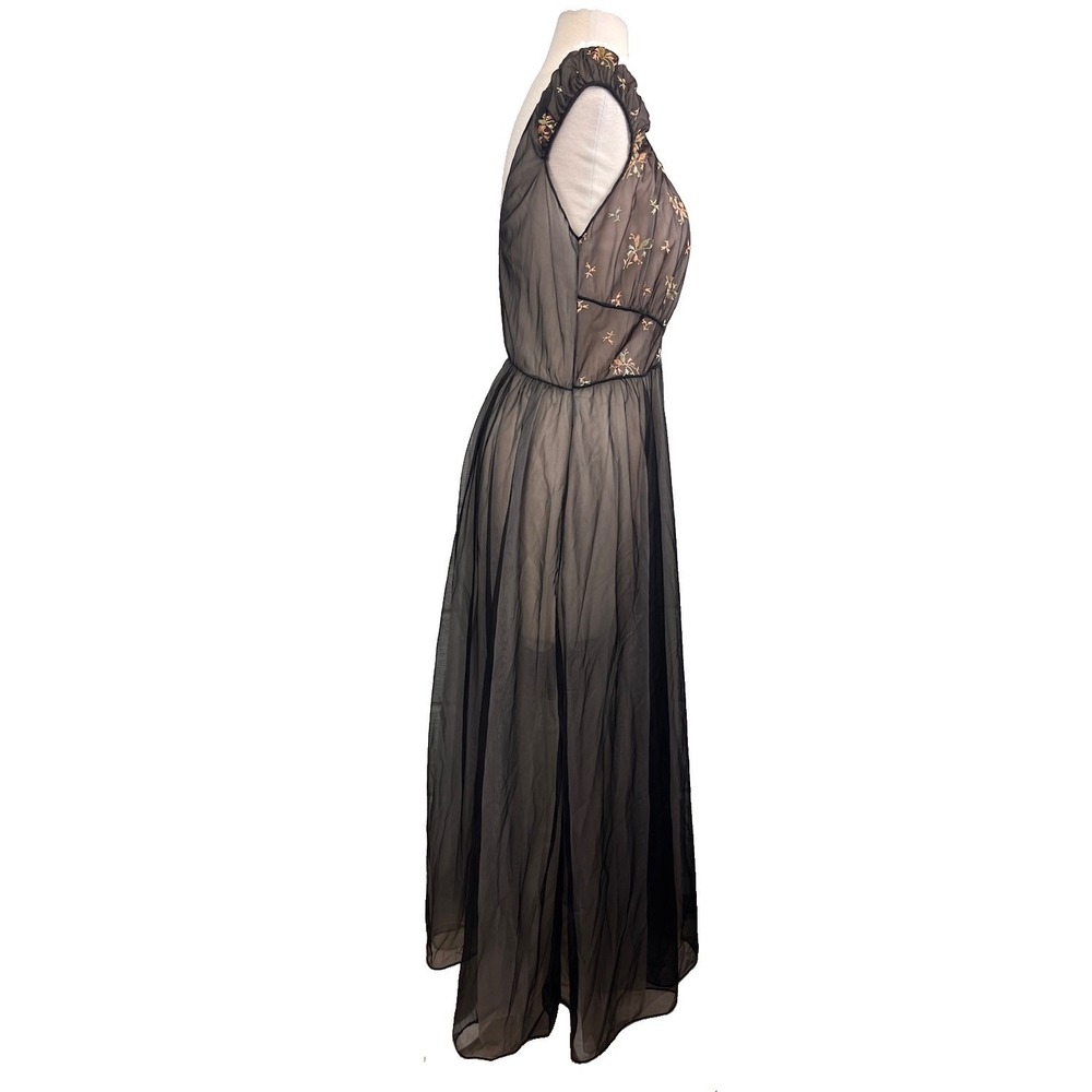 Vintage Sheer Nightgown Black Blush 38 Embroidered 50s Cinderella Full Floral - Picture 6 of 13